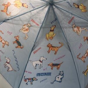 Humane Society Umbrella with Cats and Dogs Print Push Button Open Vintage
